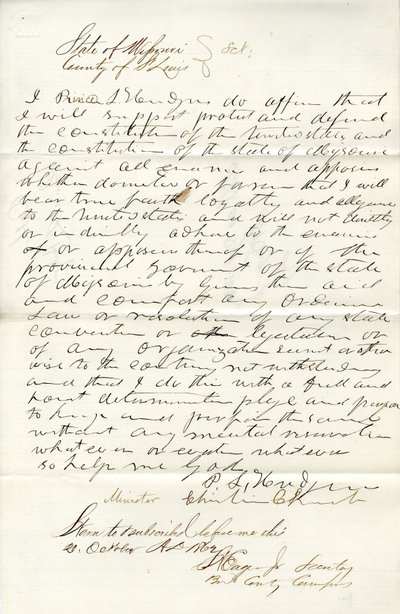 Swears Oath of Allegiance to the Government of the United States and the State of Missouri by P.L. Hudgens